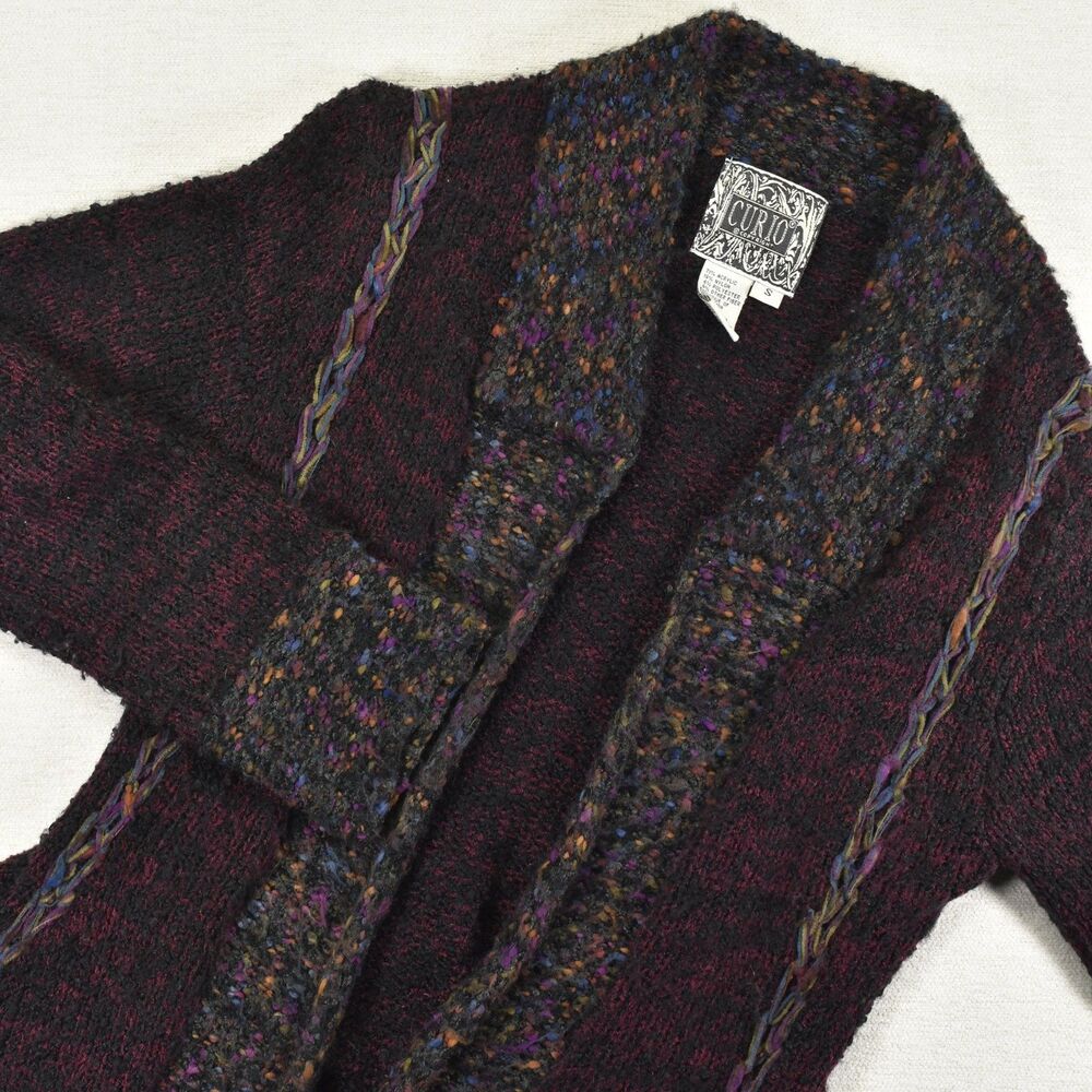 Curio Vintage Colorful Artsy Textured Knit Open Front Cardigan Sweater Womens S
